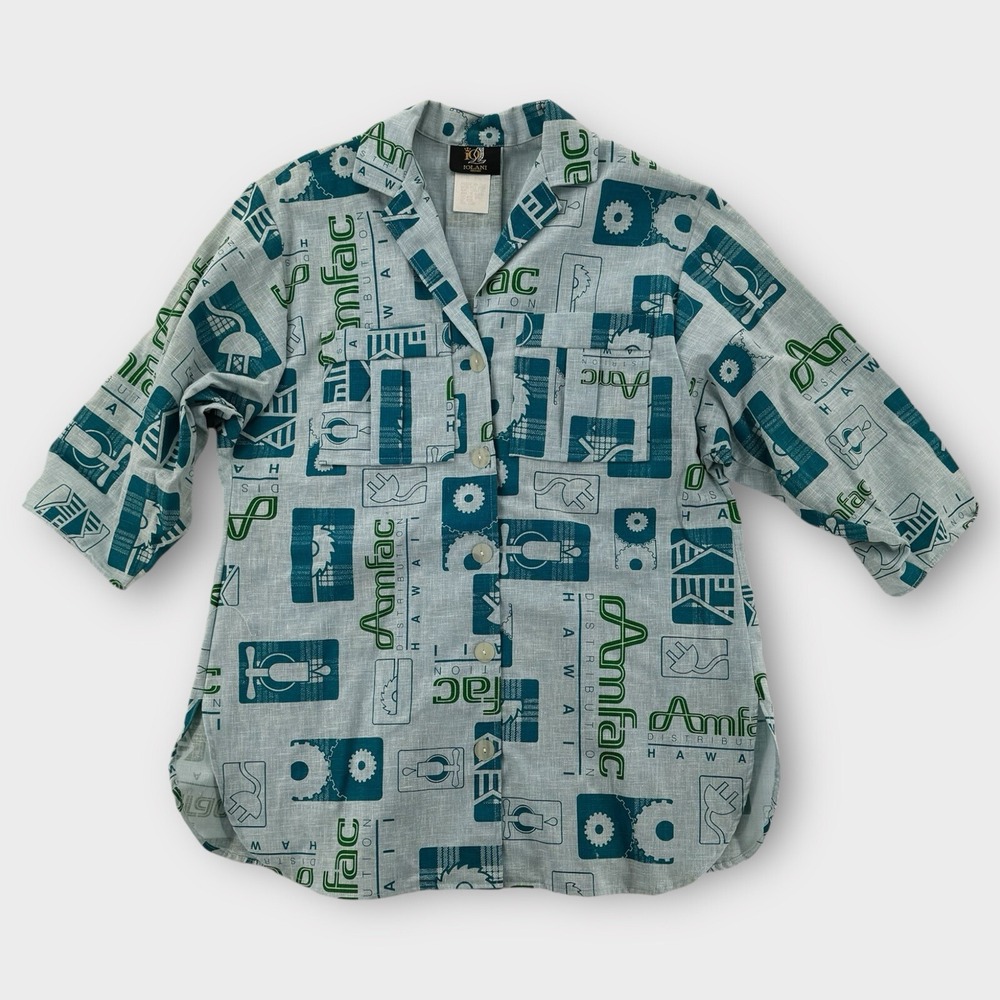 Vintage IOLANI Blouse Womens Small Shirt Amflac‎ Honolulu Hawaii Blue 3/4 Sleeve